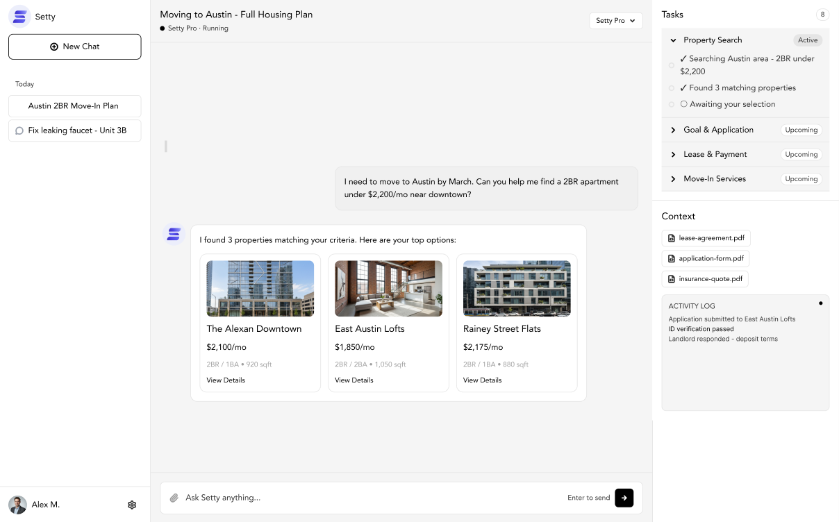 Settlyfe AI assistant screen showing a housing plan with property recommendations, task checklist, and document context