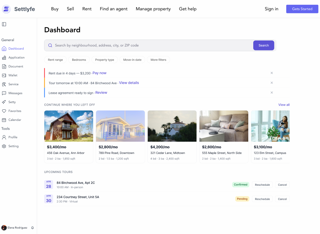 Settlyfe web dashboard showing property search, saved listings, and upcoming tours